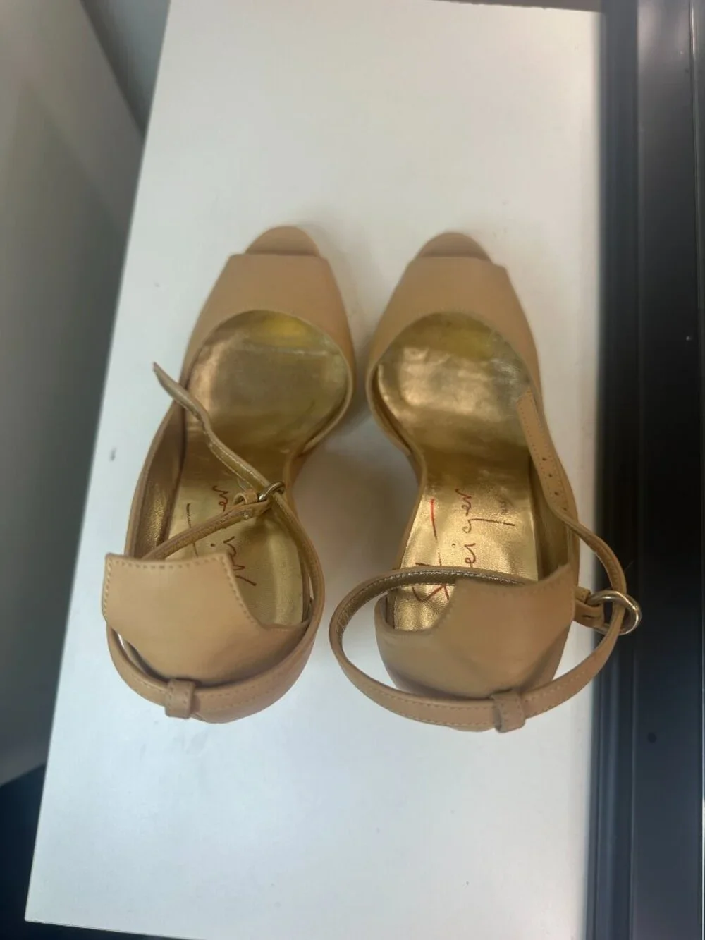 WALTER STEIGER Paris Nude Tan Leather Ankle-Strap Platform Wedge Sandals, EU 36.